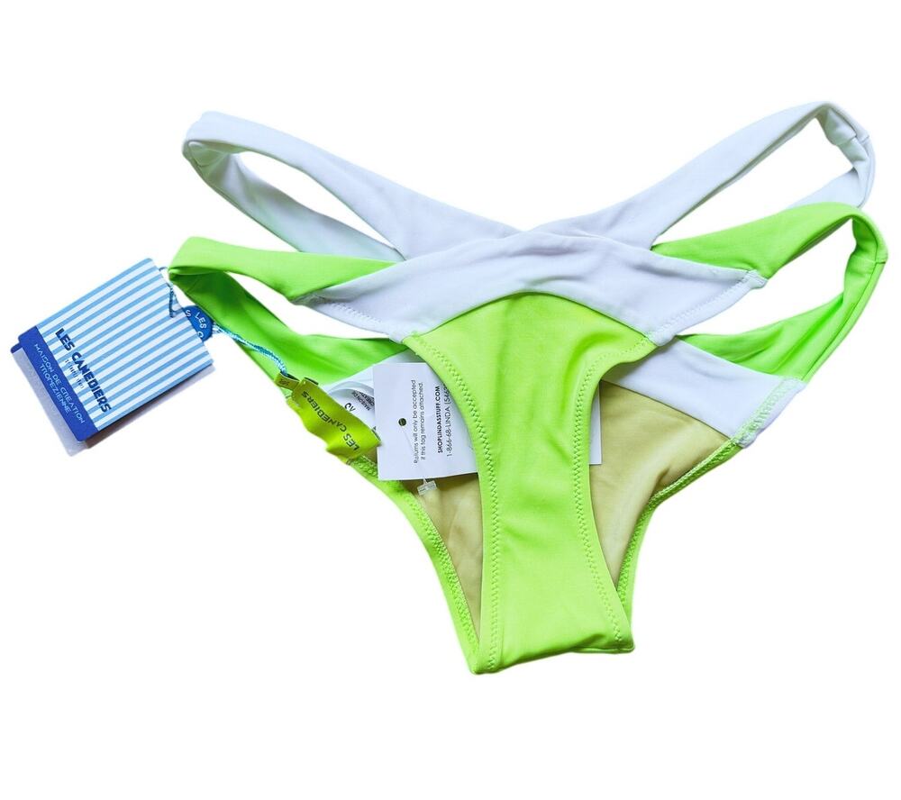 NWT Les Canebiers Swim Strappy Cut Out Bikini Bottom Size S White Green Designer